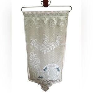 EMBROIDERED LACE WALL HANGING BLUE FLORAL TEA SET SCENE